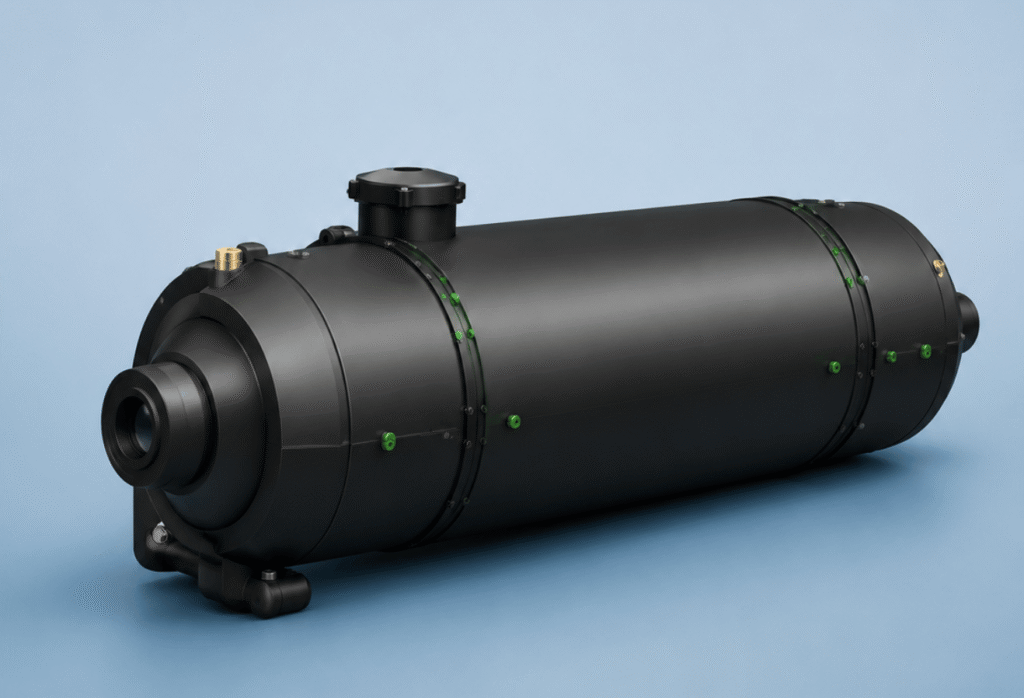Large black cylindrical optical housing with a front port, resting on a blue studio background. Used image type: informative object (likely telescope or industrial optical component).