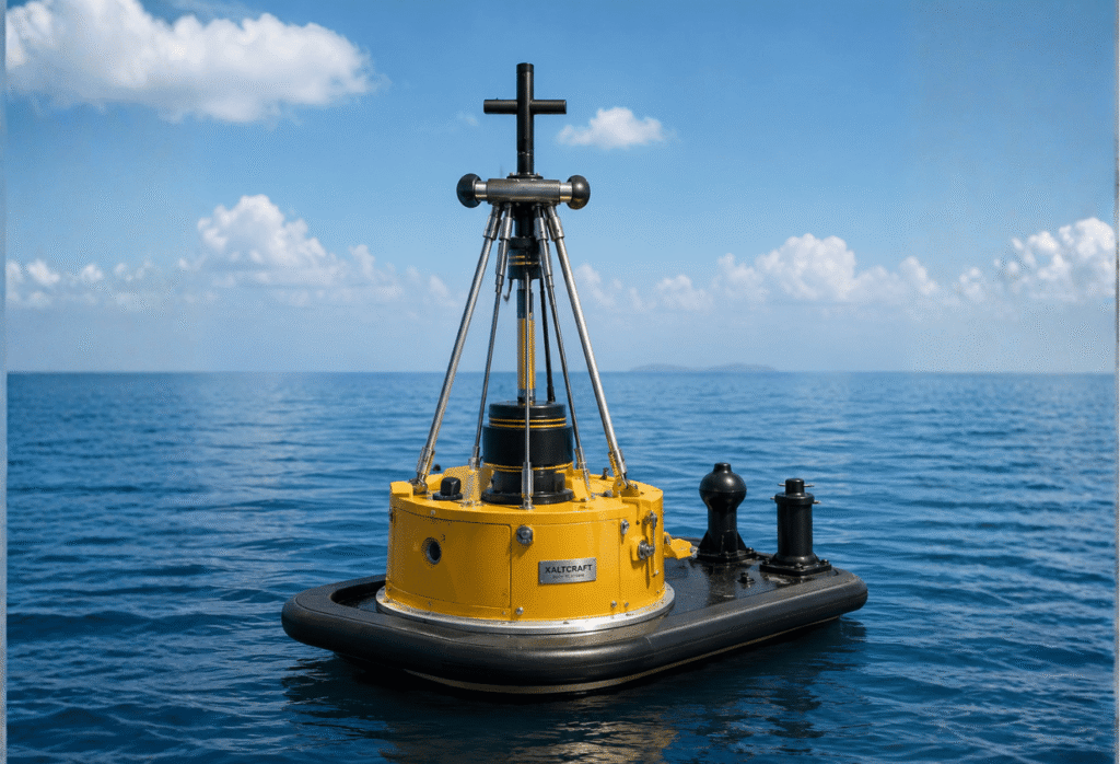 Yellow marine survey device mounted on an inflatable platform floating in the sea, with a tripod and cross-shaped top.