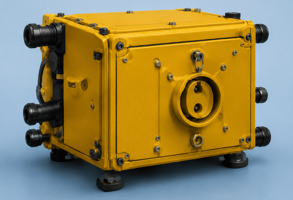 Yellow underwater camera housing with a large circular port, knobs, and bolts, shown on a blue backdrop.