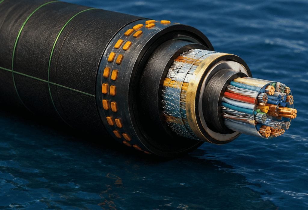 Cross-section of a submarine fiber optic cable with multiple colored insulated conductors on dark blue water surface.