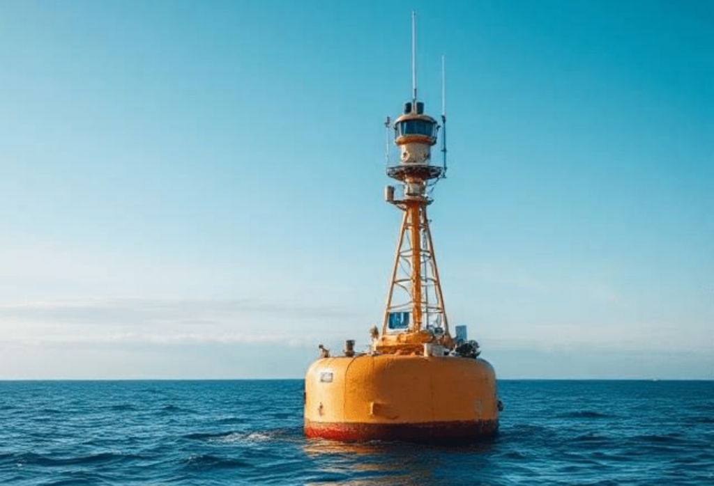 Floating orange navigation buoy with a lattice tower rising above the water under a clear blue sky.