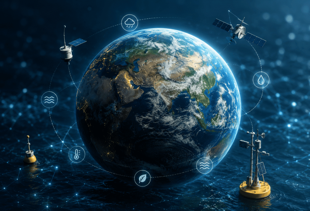 Earth at the center with orbiting satellites and glowing icons representing weather, water, temperature, and environment.